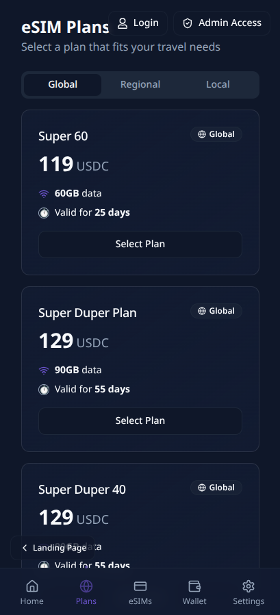 Top up with USDC or fiat instantly via on-ramps.